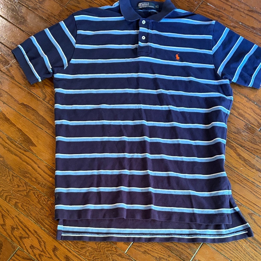 Polo by Ralph Lauren Navy Polo with Light Blue Stripes and Orange Pony Logo